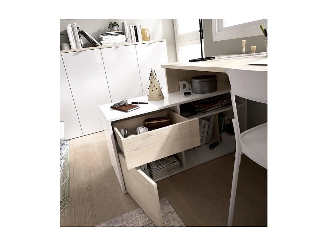 Bureau d'angle réversible avec rangement - Décor chene et blanc - L 139 x P 92 x H 75 cm - ROX