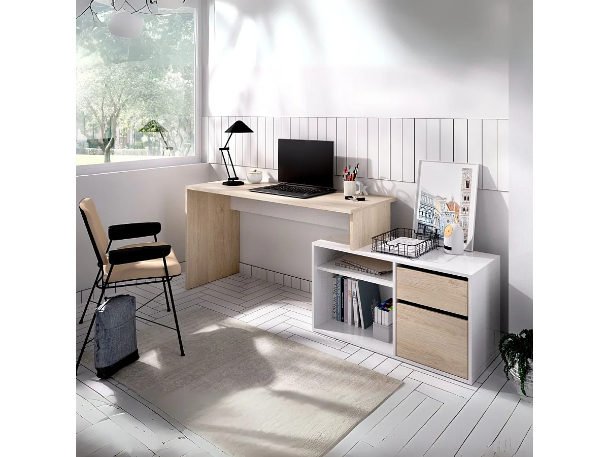 Bureau d'angle réversible avec rangement - Décor chene et blanc - L 139 x P 92 x H 75 cm - ROX