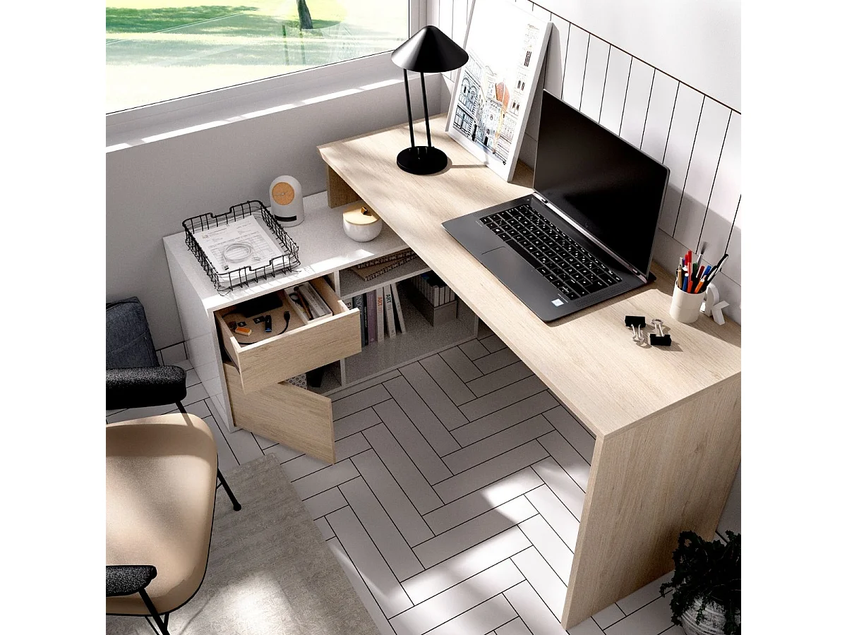 Bureau d'angle réversible avec rangement - Décor chene et blanc - L 139 x P 92 x H 75 cm - ROX