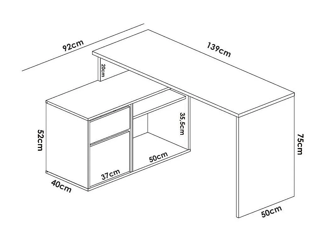 Bureau d'angle réversible avec rangement - Décor chene et blanc - L 139 x P 92 x H 75 cm - ROX