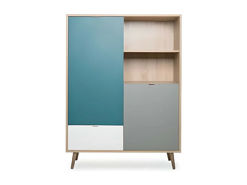 CUBA Buffet haut decor chene sonoma et blanc  - Style scandinave - L 103 x P 40 x H 139  cm