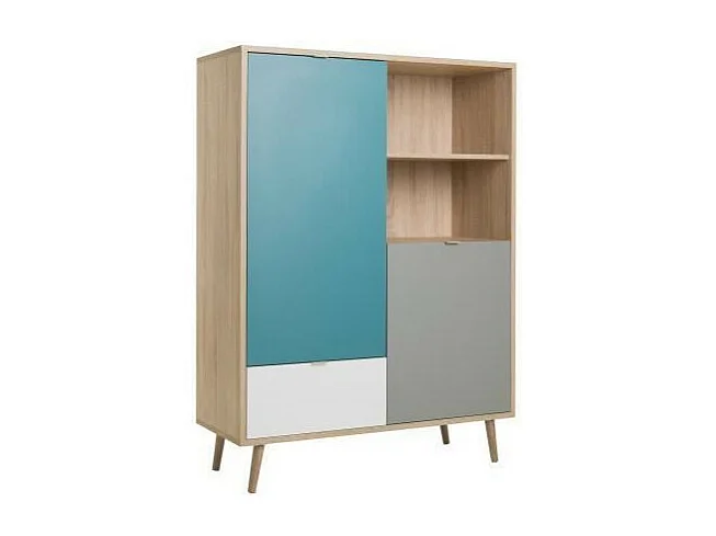 CUBA Buffet haut decor chene sonoma et blanc  - Style scandinave - L 103 x P 40 x H 139  cm