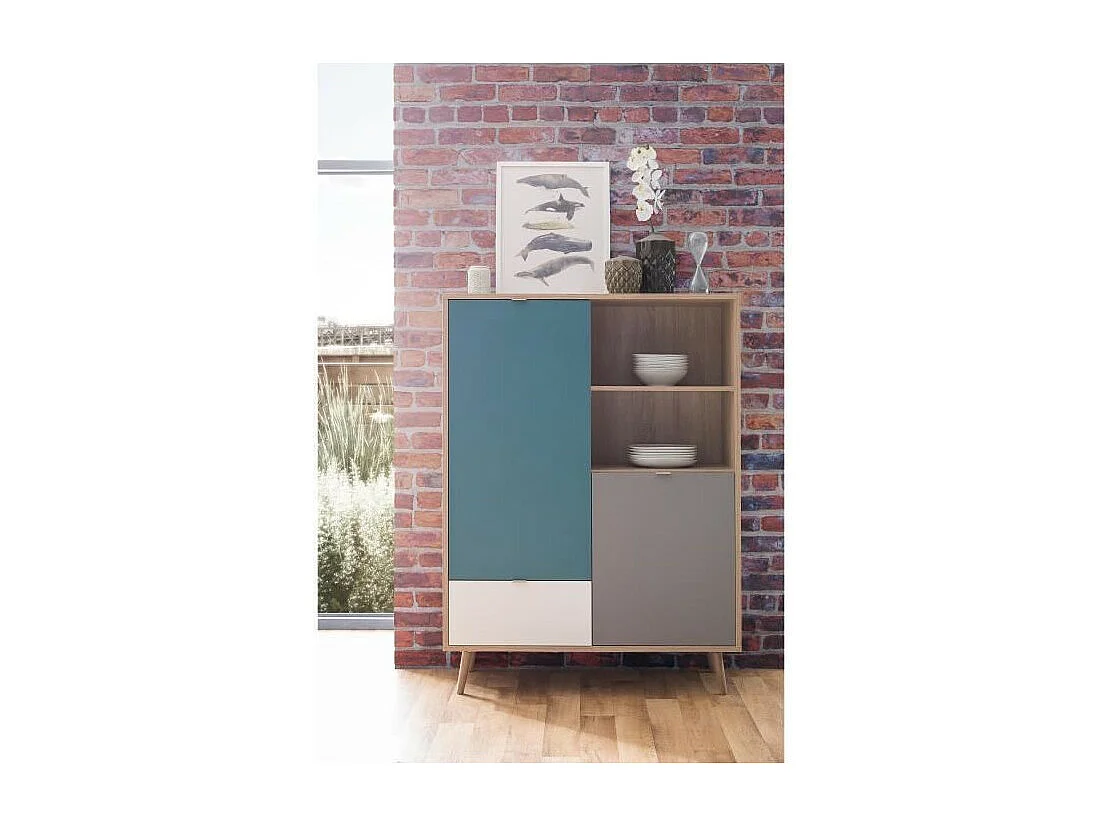 CUBA Buffet haut decor chene sonoma et blanc  - Style scandinave - L 103 x P 40 x H 139  cm