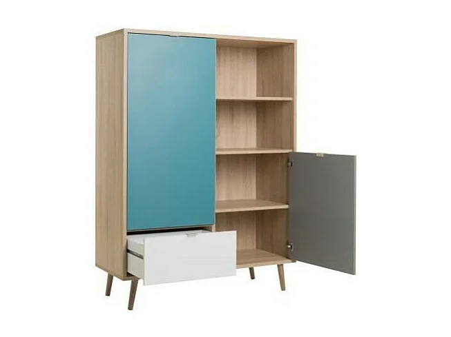 CUBA Buffet haut decor chene sonoma et blanc  - Style scandinave - L 103 x P 40 x H 139  cm