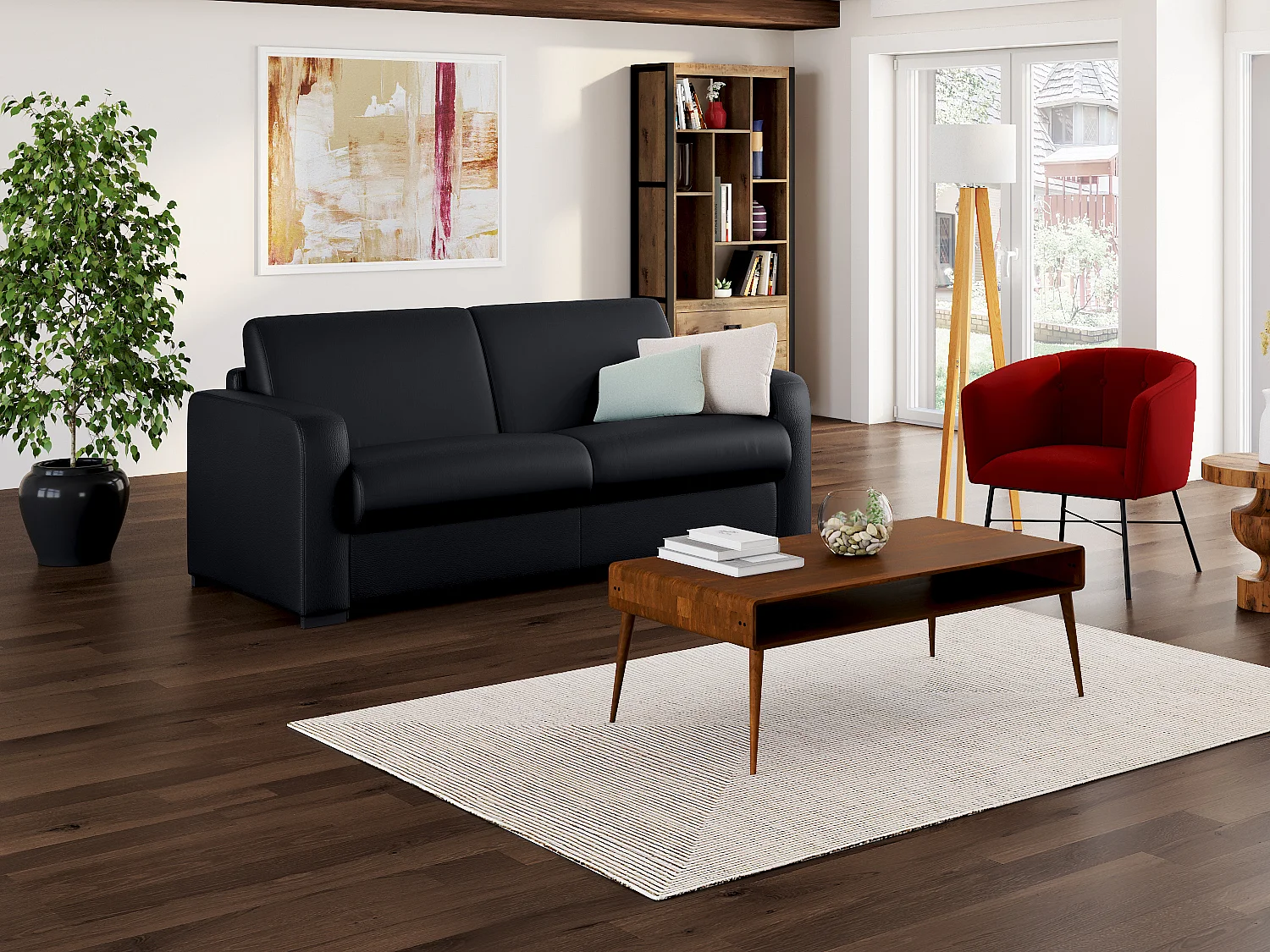 3-sitters bäddsoffa express i svart läder med 16 cm madrass BEVIS