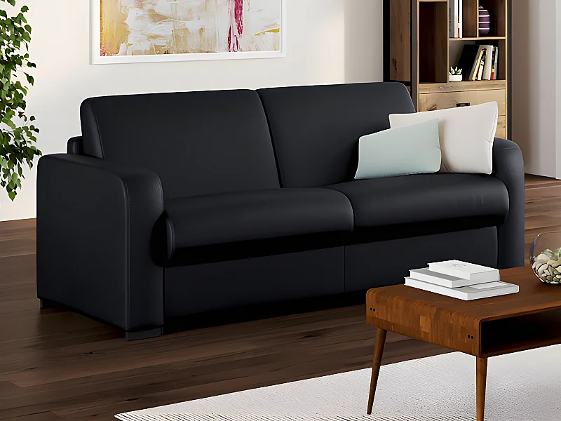3-sitters bäddsoffa express i svart läder med 16 cm madrass BEVIS