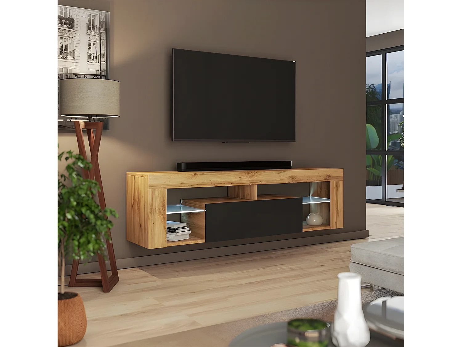 Meuble TV / Banc TV suspendu - 140 cm - chêne lancaster / noir brillant - éclairage LED - BIANKO