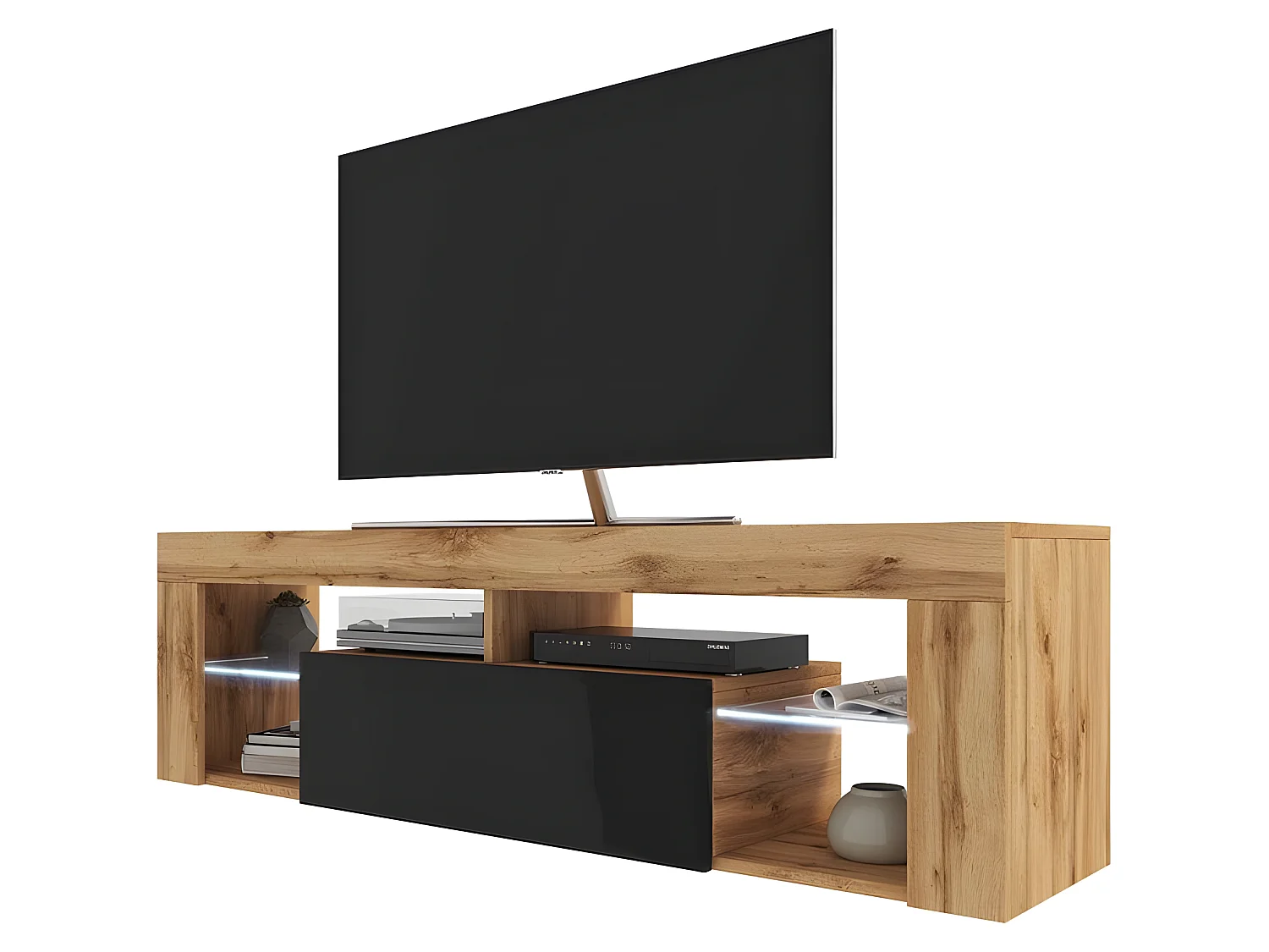 Meuble TV / Banc TV suspendu - 140 cm - chêne lancaster / noir brillant - éclairage LED - BIANKO