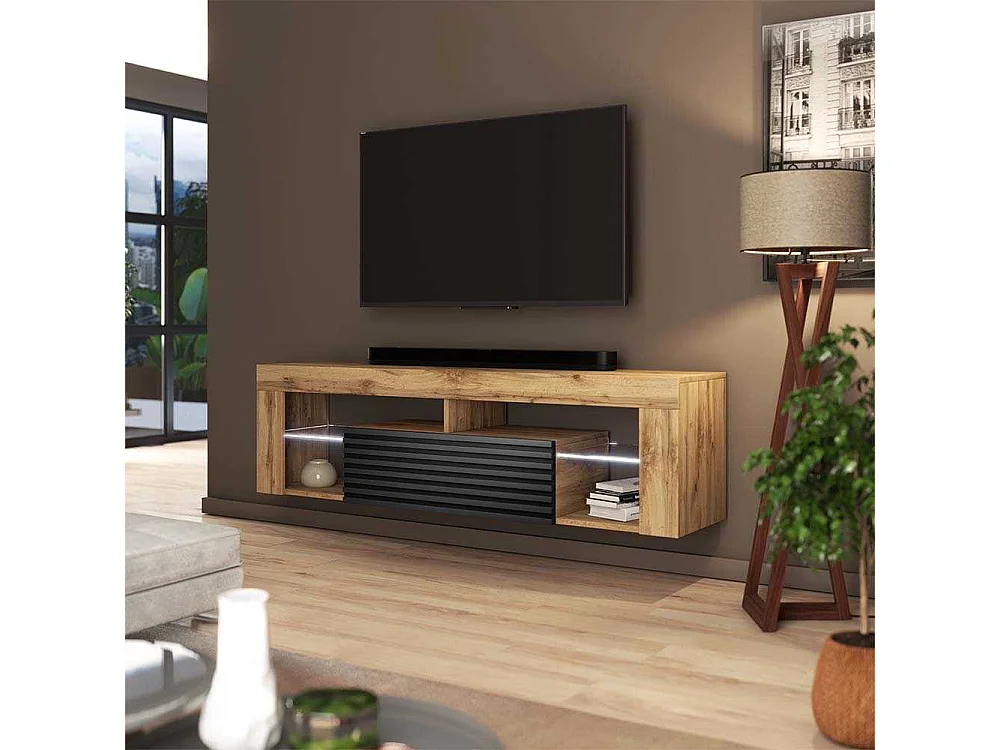 Meuble TV / Banc TV - 140 cm - chêne wotan / noir mat - façade 3D - éclairage LED - BIANKO