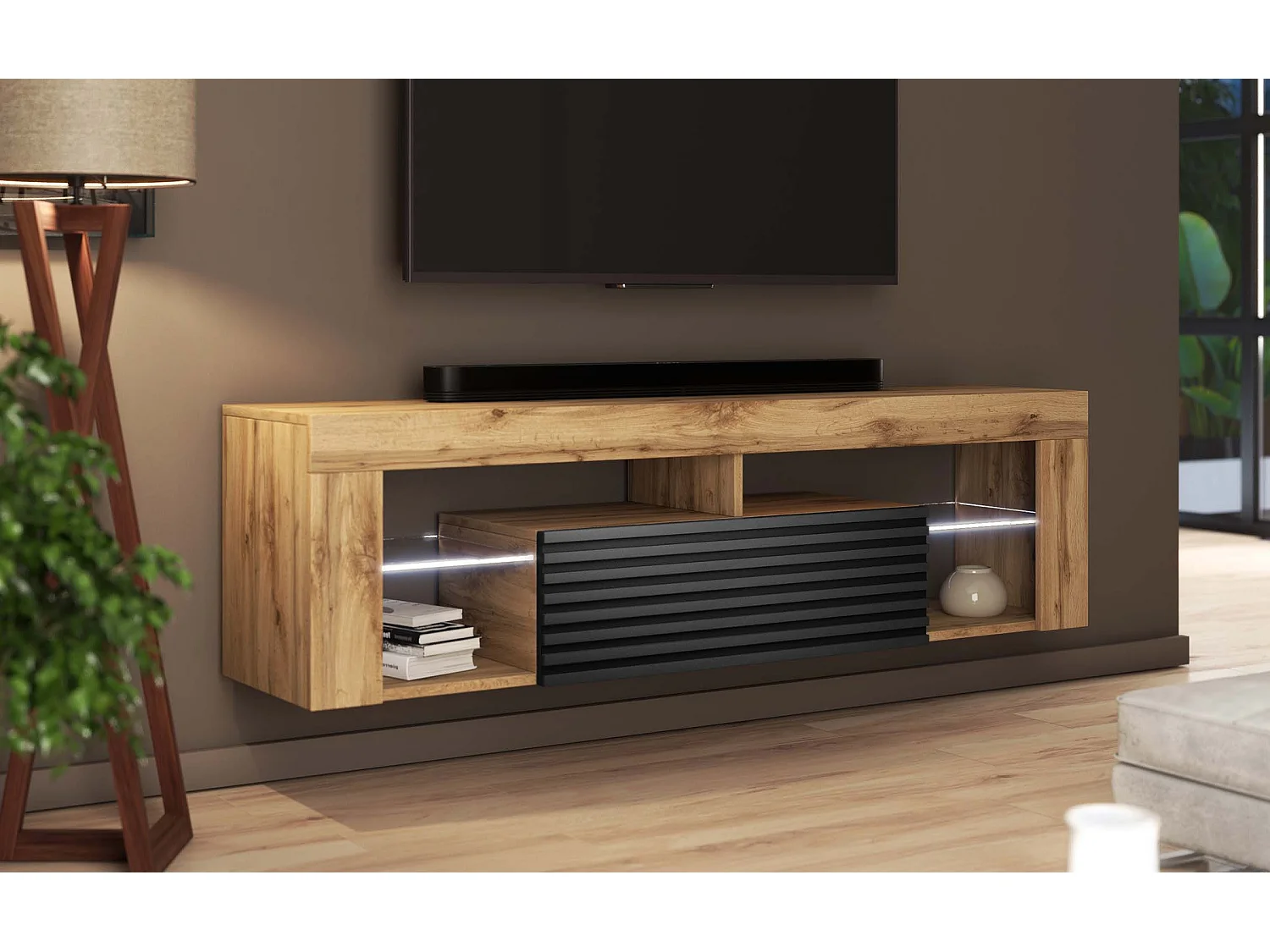Meuble TV / Banc TV - 140 cm - chêne wotan / noir mat - façade 3D - éclairage LED - BIANKO