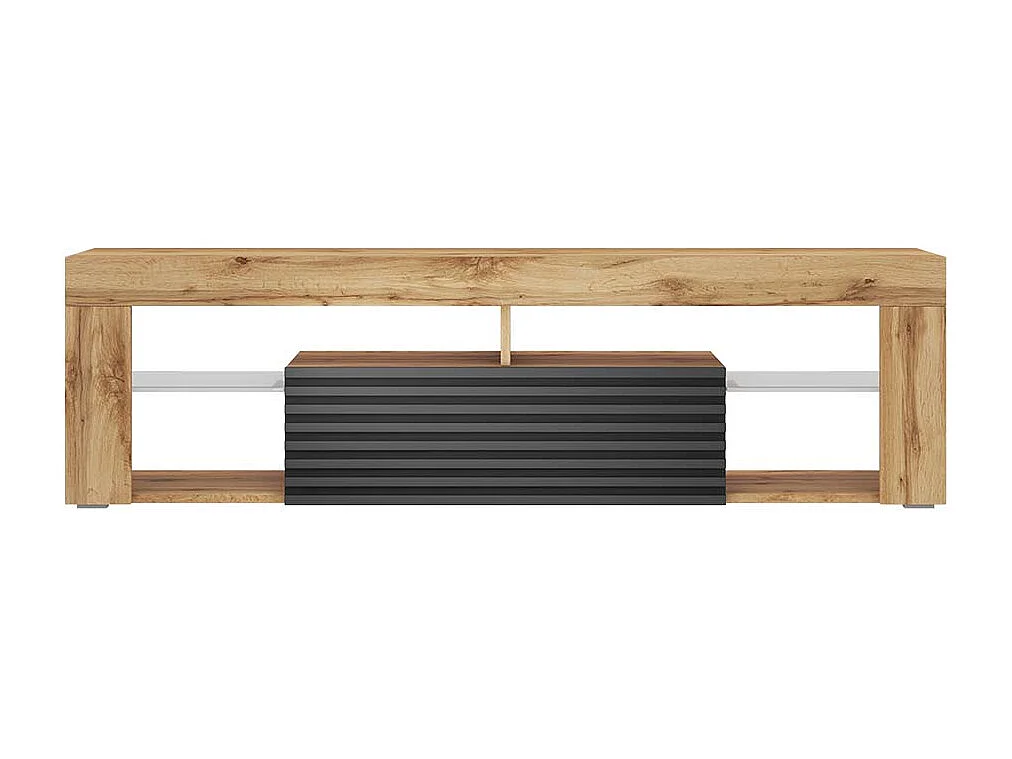 Meuble TV / Banc TV - 140 cm - chêne wotan / noir mat - façade 3D - éclairage LED - BIANKO