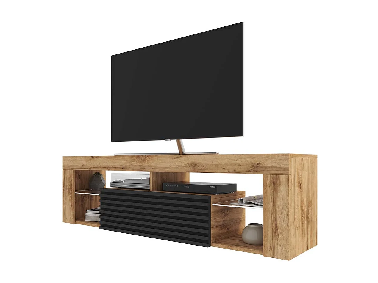 Meuble TV / Banc TV - 140 cm - chêne wotan / noir mat - façade 3D - éclairage LED - BIANKO