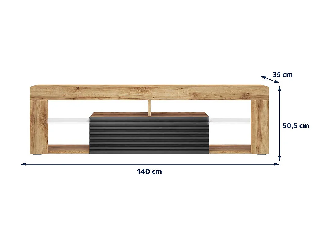 Meuble TV / Banc TV - 140 cm - chêne wotan / noir mat - façade 3D - éclairage LED - BIANKO