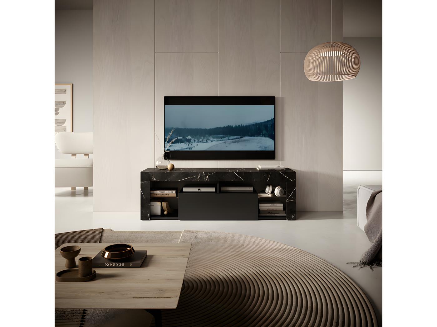 Mueble TV - para la sala de estar - 140 cm de ancho - roble lancaster /  negro brillo - Bianko