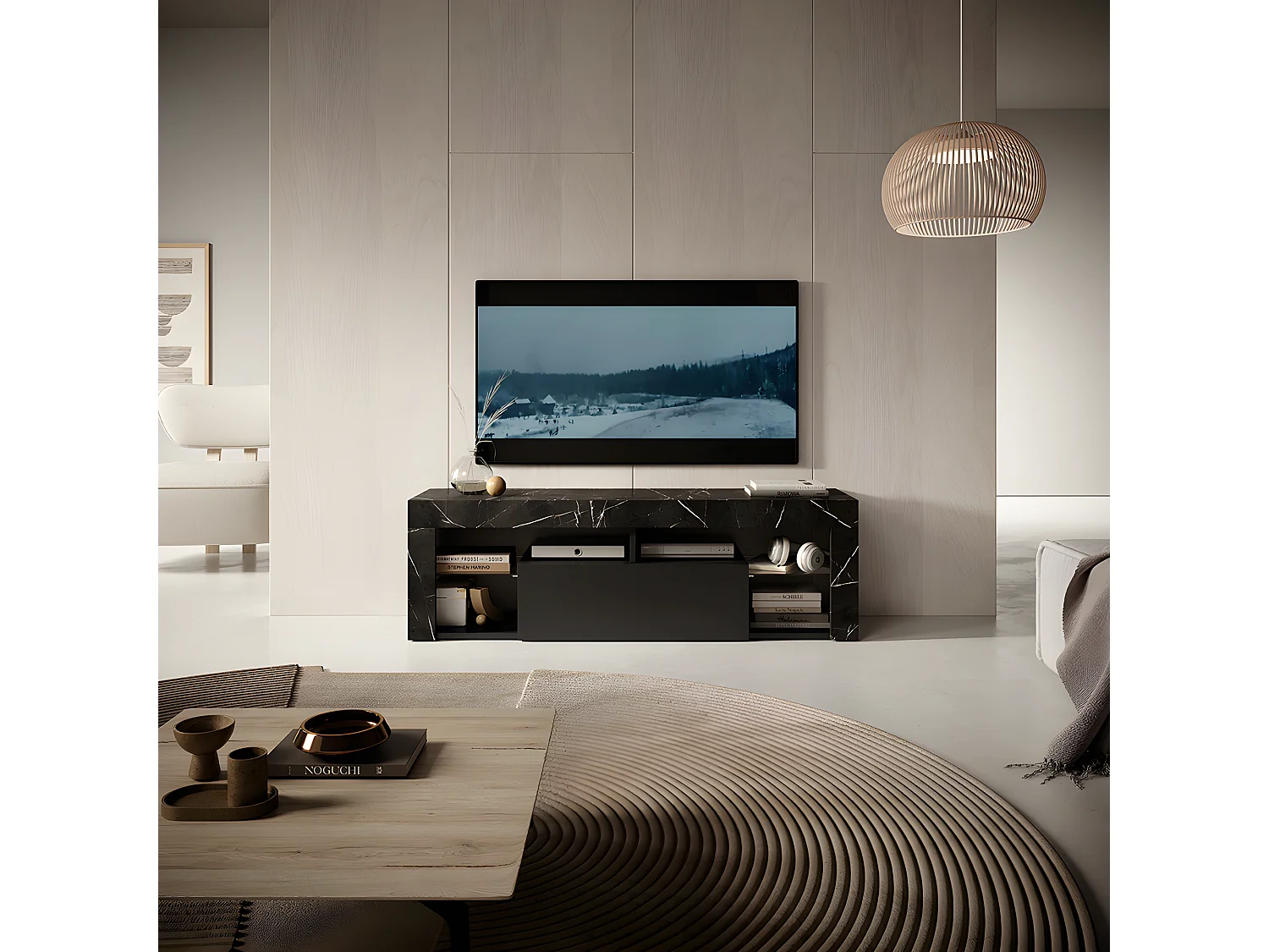 Meuble TV / Banc TV - 140 cm - marbre noir / front noir - sans LED - BIANKO