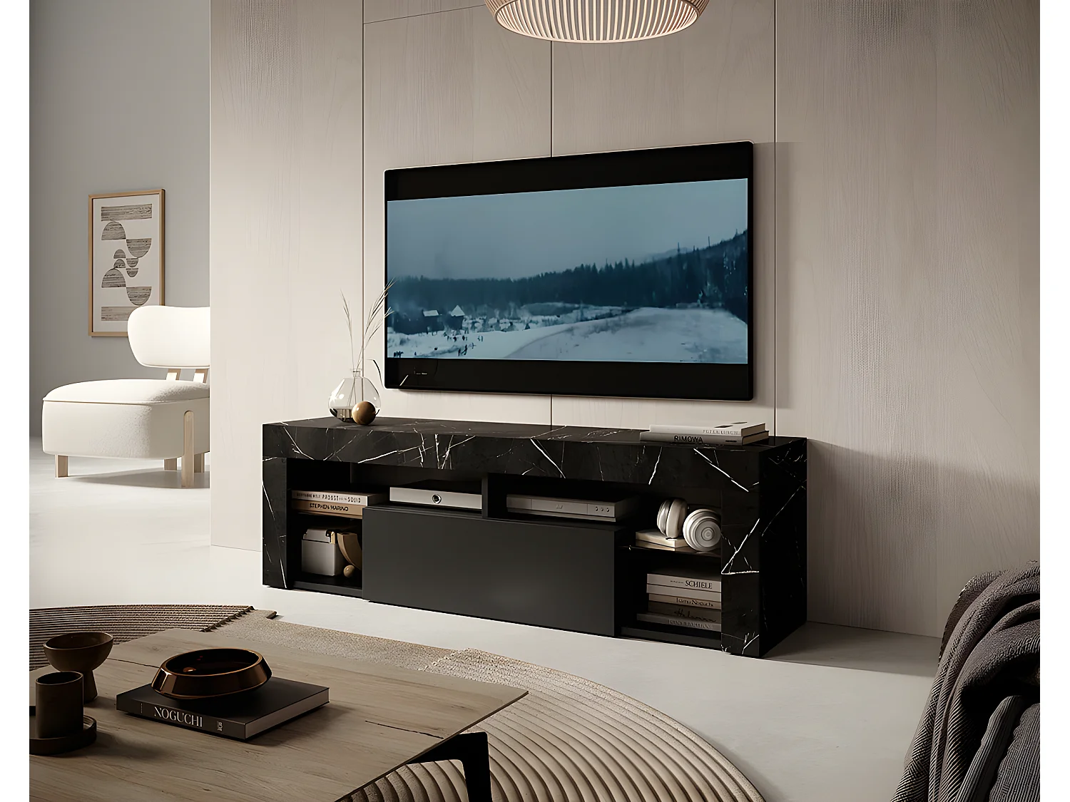 Meuble TV / Banc TV - 140 cm - marbre noir / front noir - sans LED - BIANKO