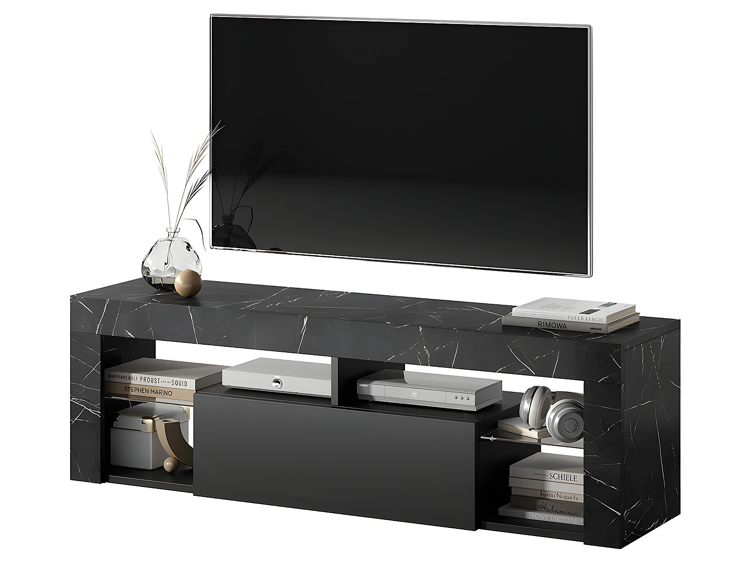 Meuble TV / Banc TV - 140 cm - marbre noir / front noir - sans LED - BIANKO