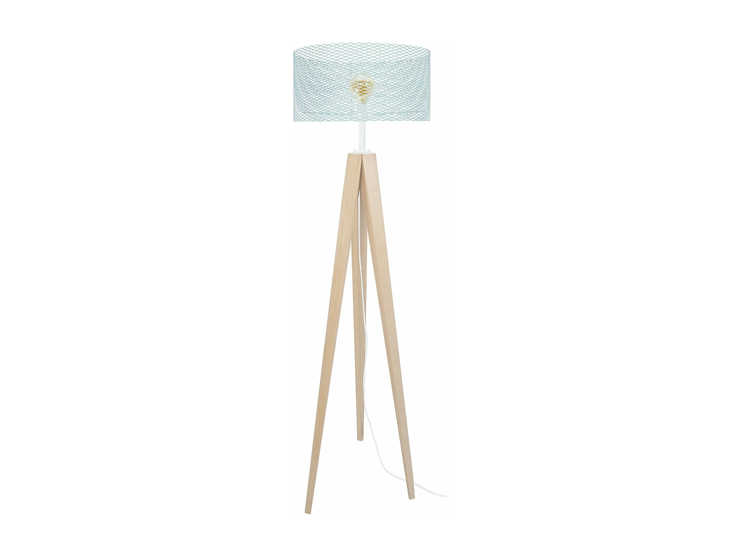Lampadaire trépied bois métal bleu 160 cm.