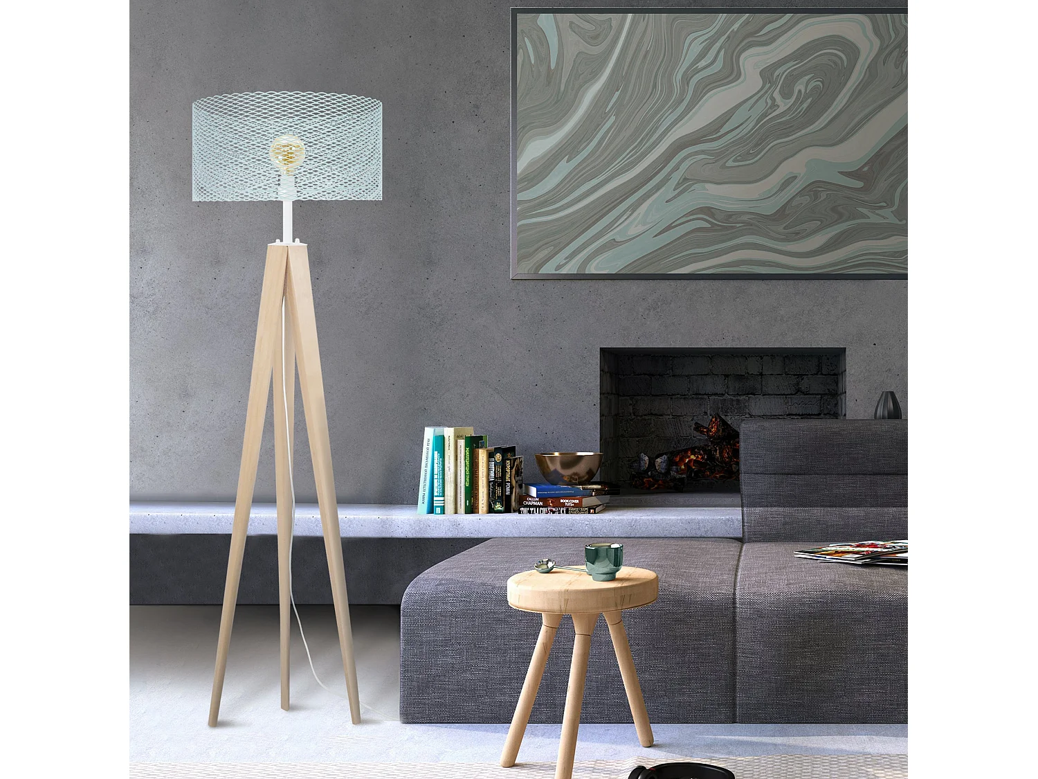 Lampadaire trépied bois métal bleu 160 cm.