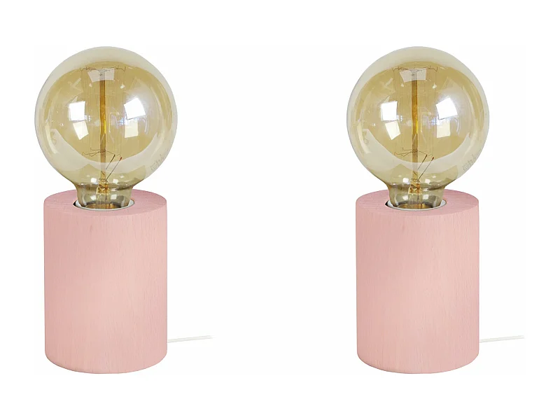Pair de Lampes de chevet cylindre bois  rose 21 cm.