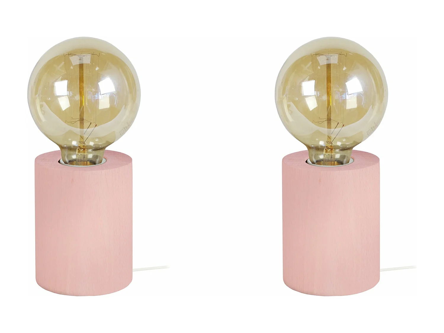 Pair de Lampes de chevet cylindre bois  rose 21 cm.