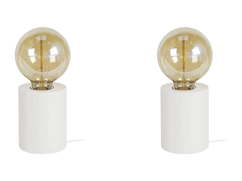 Pair de Lampes de chevet cylindre bois  blanc d’Ivoire 21 cm.