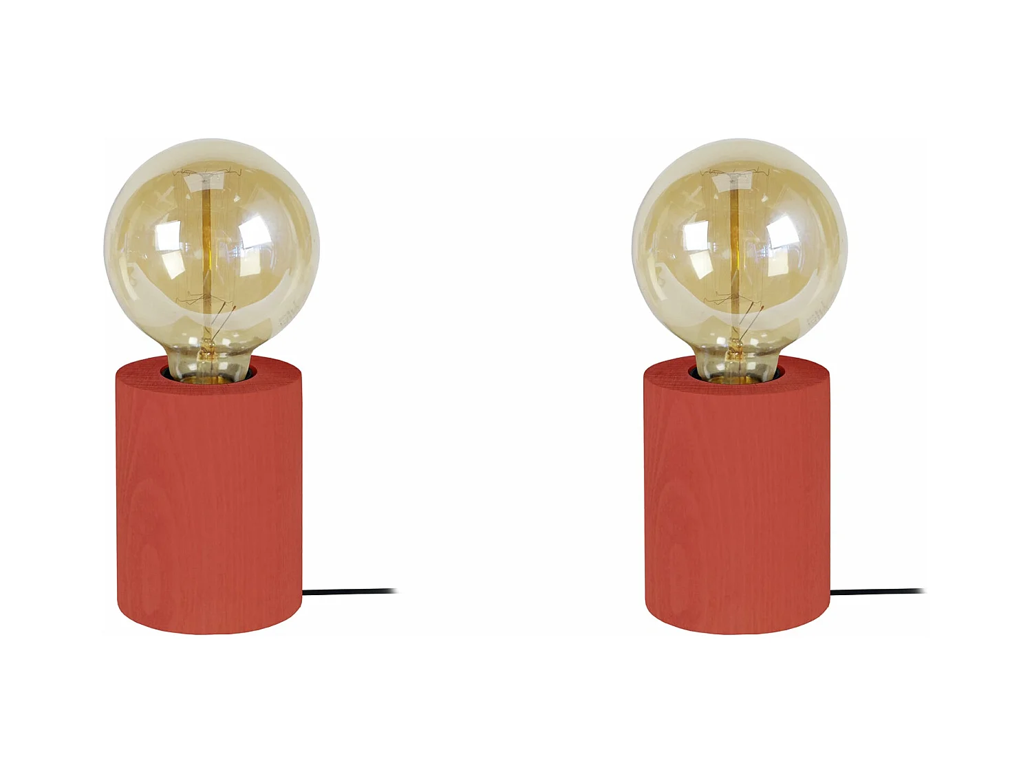 Pair de Lampes de chevet cylindre bois  rouge 21 cm.