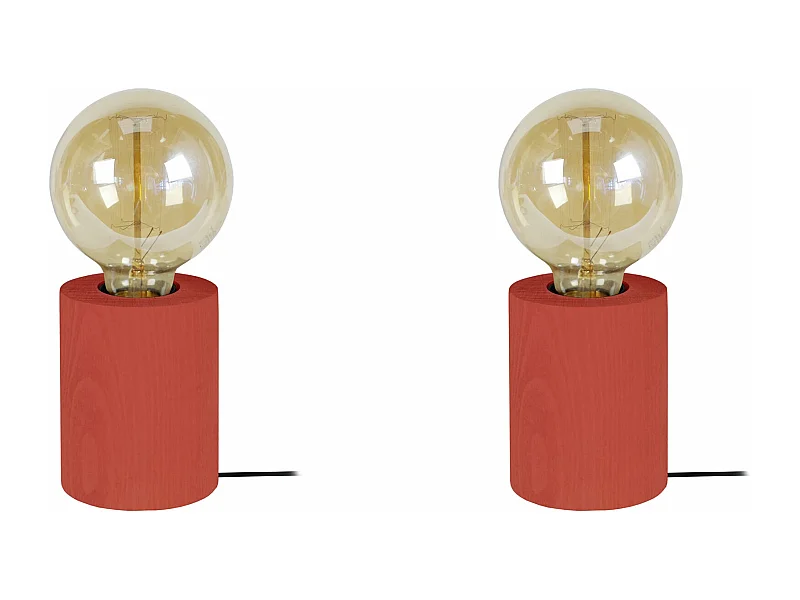 Pair de Lampes de chevet cylindre bois  rouge 21 cm.