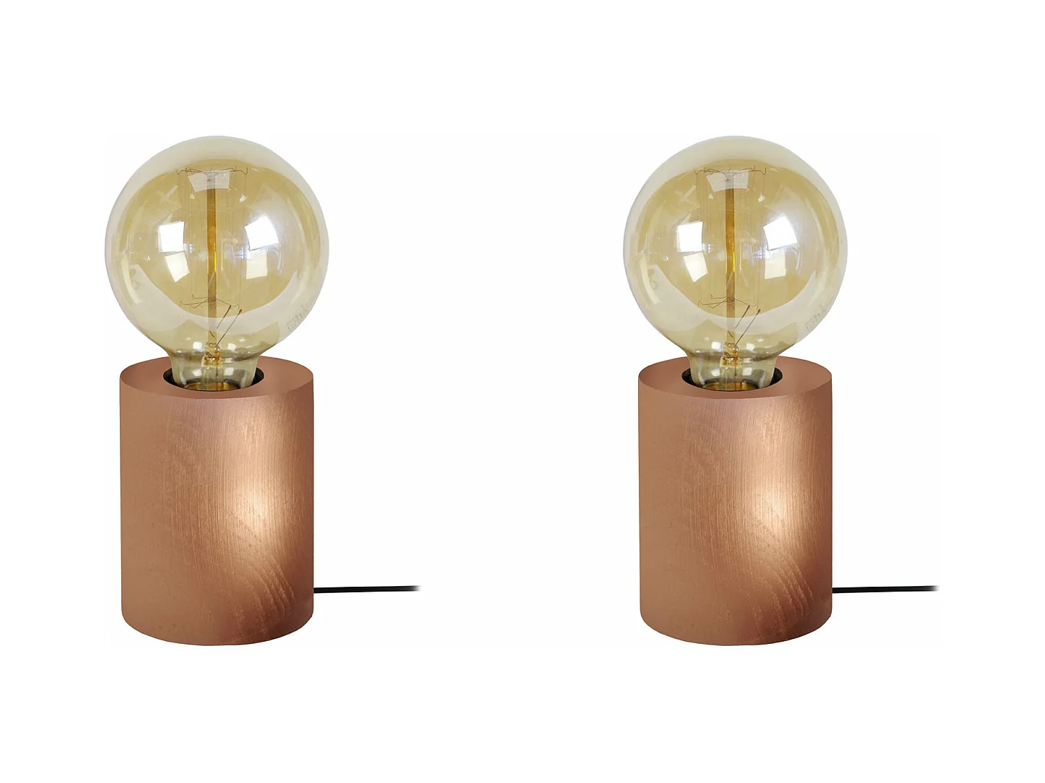 Pair de Lampes de chevet cylindre bois  cuivre 21 cm.