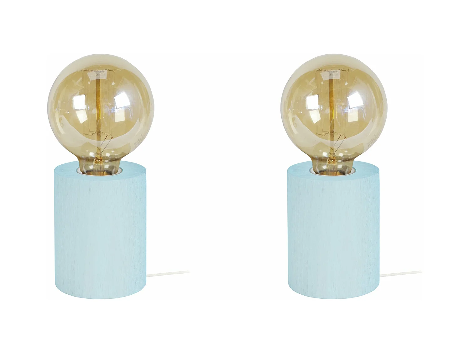 Pair de Lampes de chevet cylindre bois  bleu 21 cm.