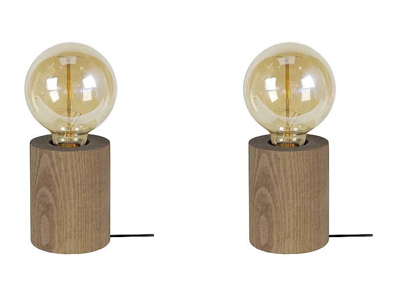 Pair de Lampes de chevet cylindre bois  foncé  21 cm.