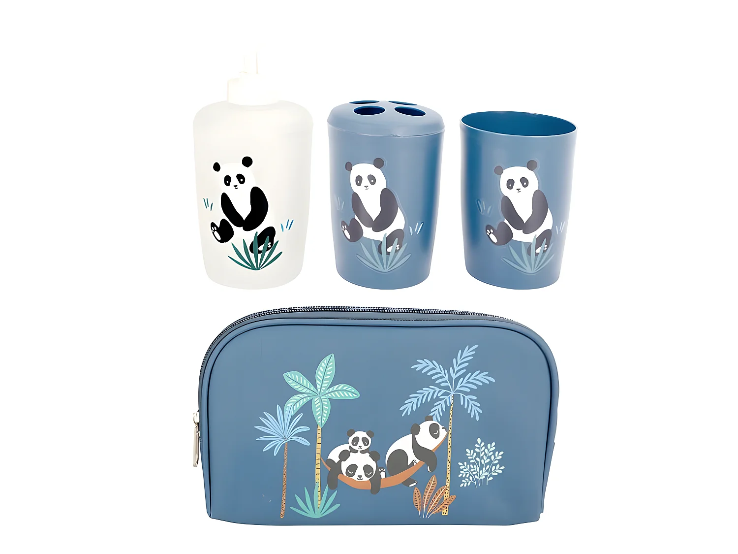 Set 4 Accessoires Salle de Bain Enfant "Petit Panda" Bleu