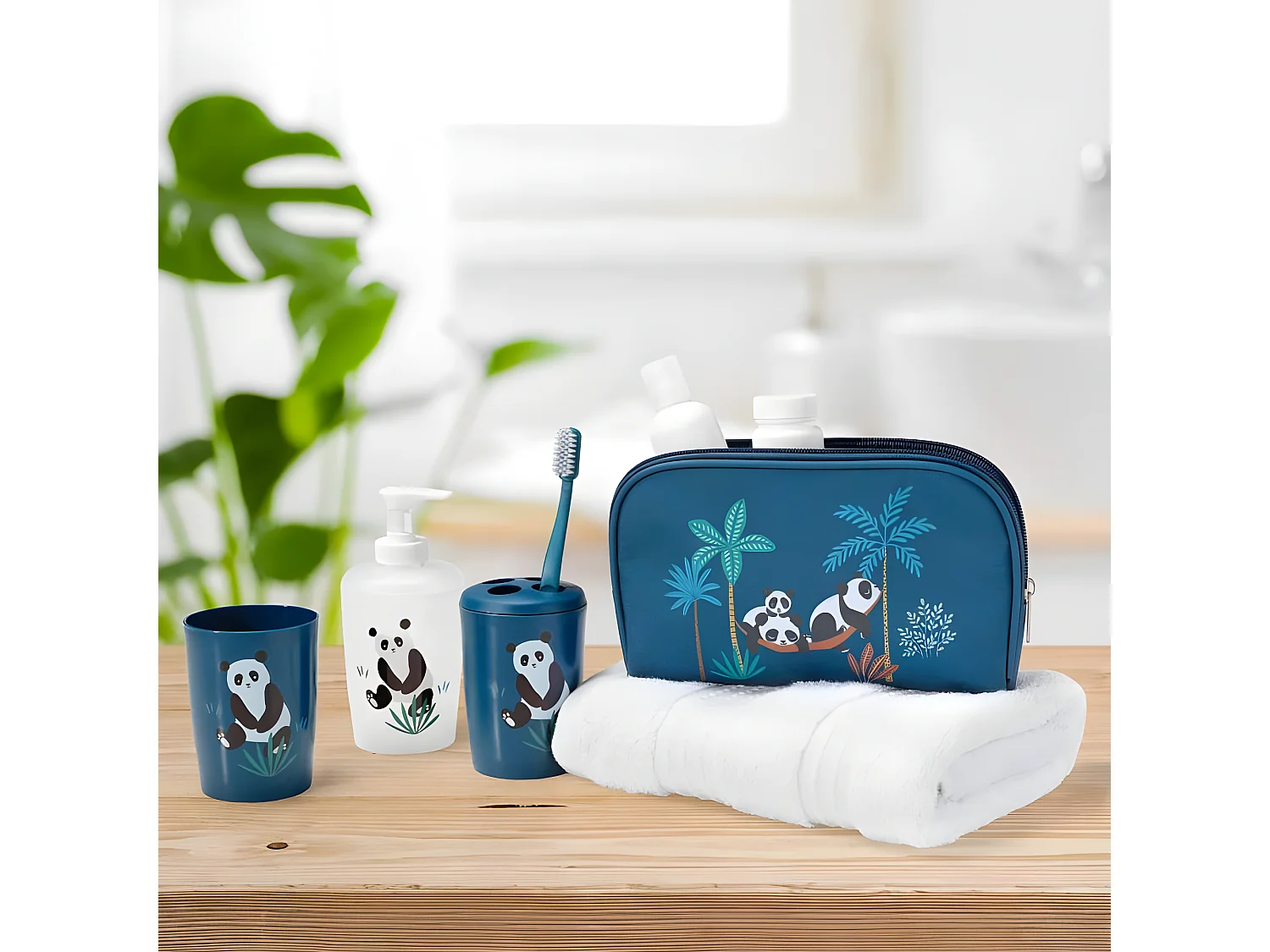 Set 4 Accessoires Salle de Bain Enfant "Petit Panda" Bleu
