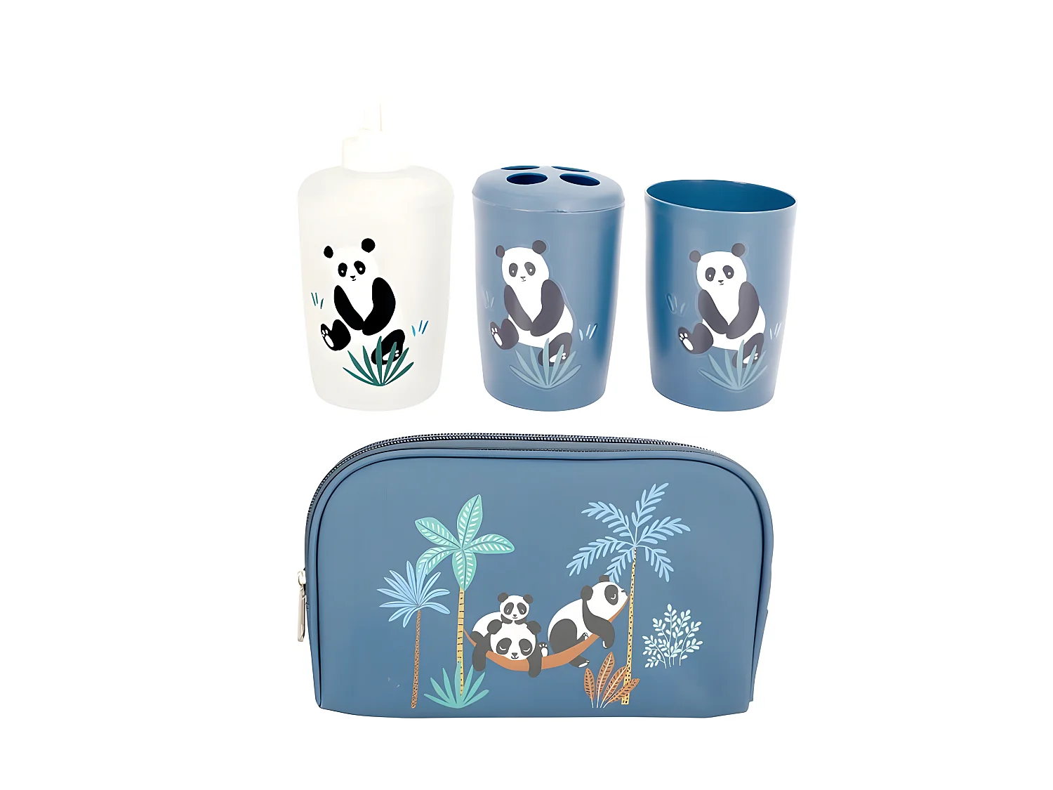 Set 4 Accessoires Salle de Bain Enfant "Petit Panda" Bleu