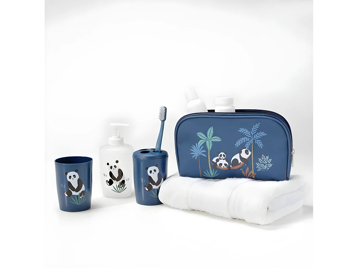 Set 4 Accessoires Salle de Bain Enfant "Petit Panda" Bleu