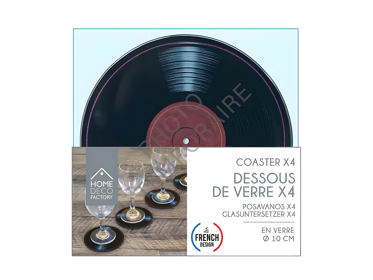 Lot de 4 Dessous de Verre "Vinyles" 10cm Noir