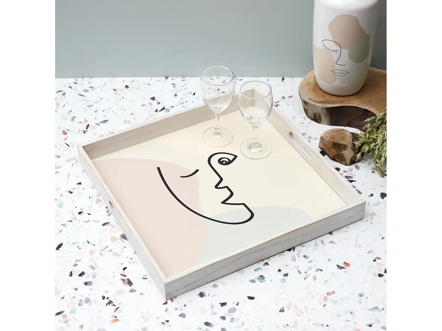 Plateau Bois Arty 40x40cm Vert, Rose, Beige, Blanc