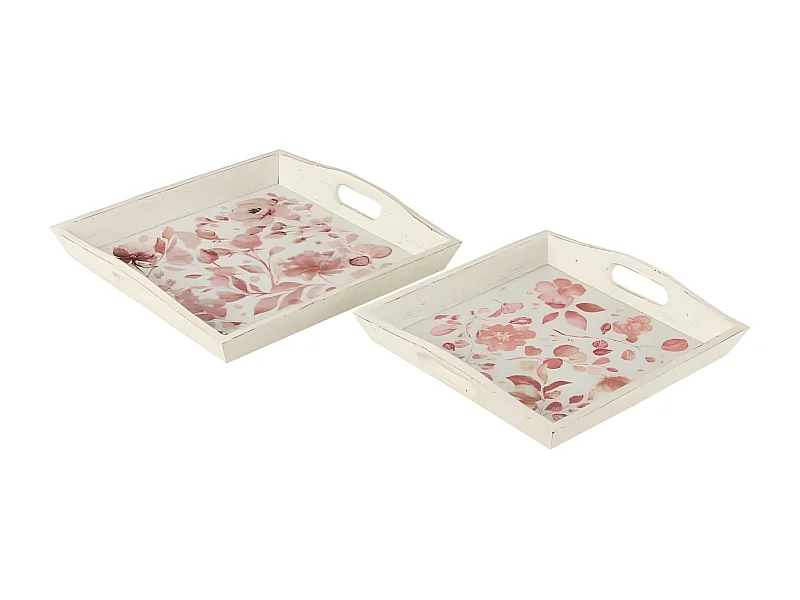 Lot de 2 Plateaux "Motif Fleurs" 41cm Rose & Blanc