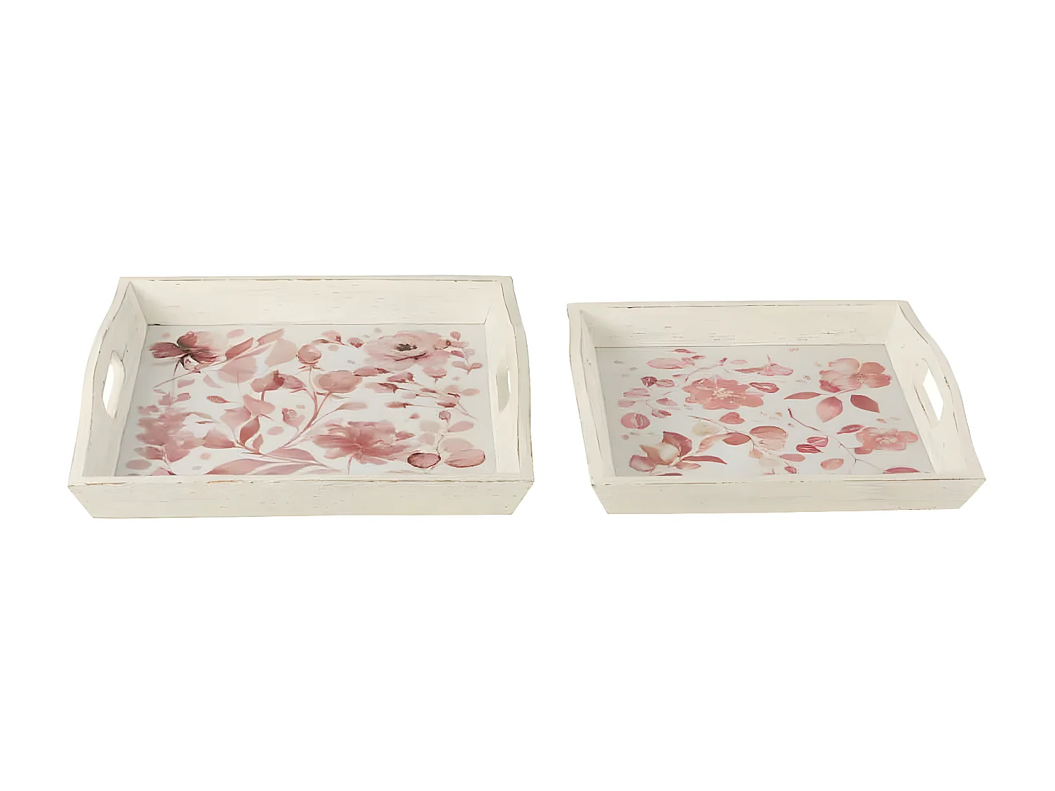 Lot de 2 Plateaux "Motif Fleurs" 41cm Rose & Blanc