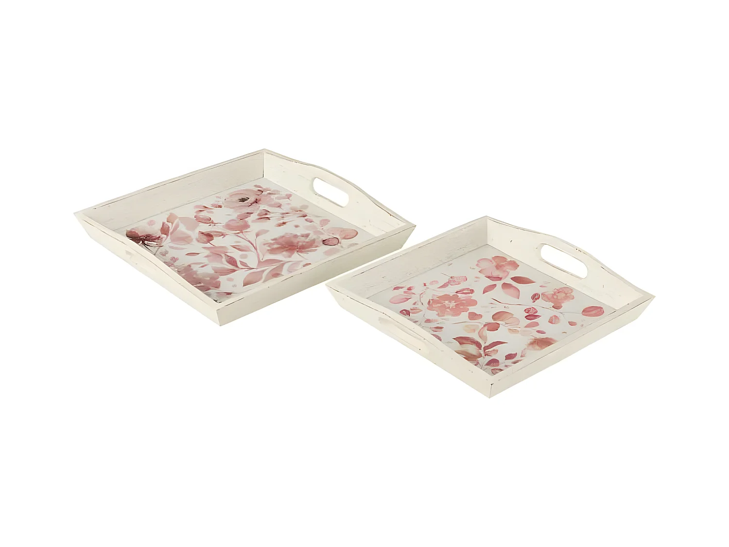 Lot de 2 Plateaux "Motif Fleurs" 41cm Rose & Blanc