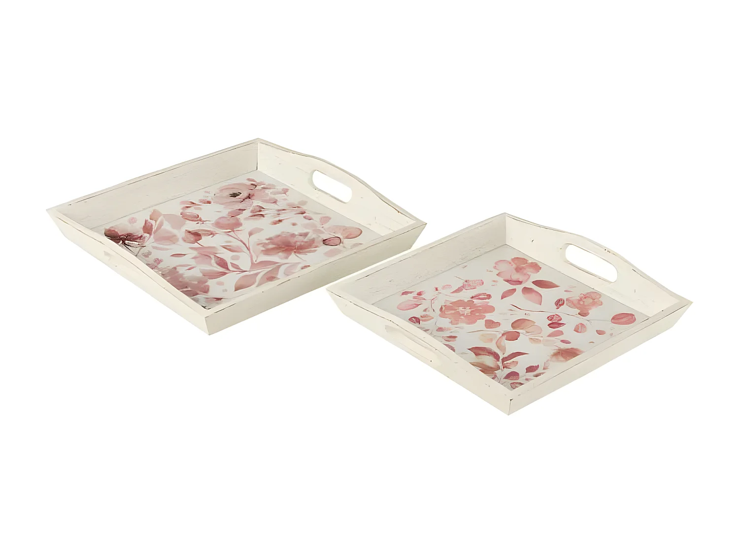 Lot de 2 Plateaux "Motif Fleurs" 41cm Rose & Blanc