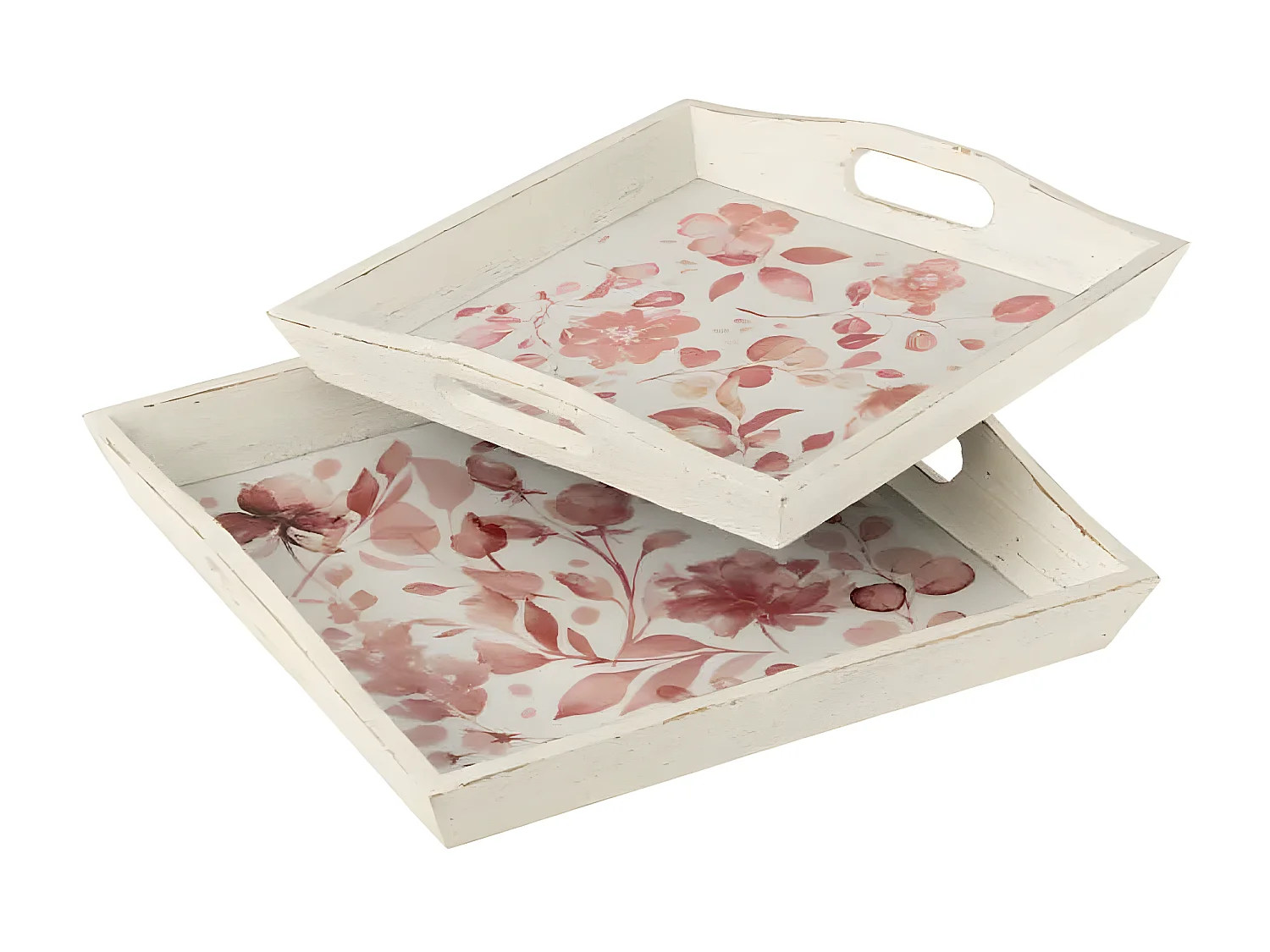 Lot de 2 Plateaux "Motif Fleurs" 41cm Rose & Blanc
