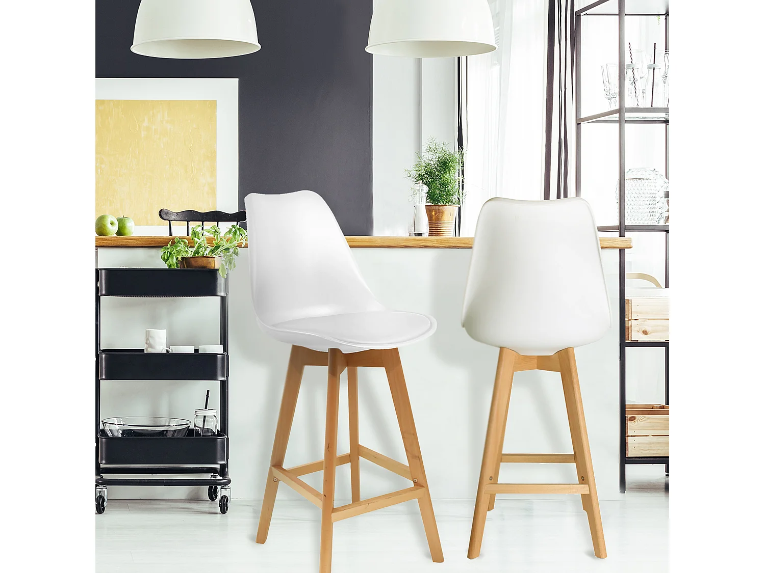 Chaise De Bar Blanche Pieds Bois - Lot De 2 Blanc