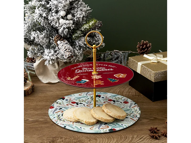 Plateau De Presentation Double Noel D25cm Blanc, Rouge, Vert