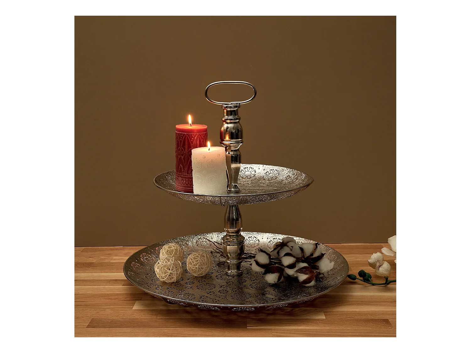 Plateau Decoratif Metal Double 49cm Argent