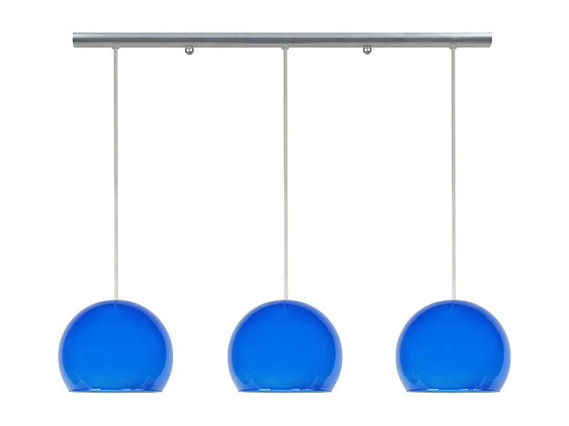 Barre, 3 suspensions globe verre bleu 80 cm.