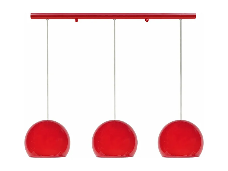 Barre, 3 suspensions globe verre rouge 80 cm.
