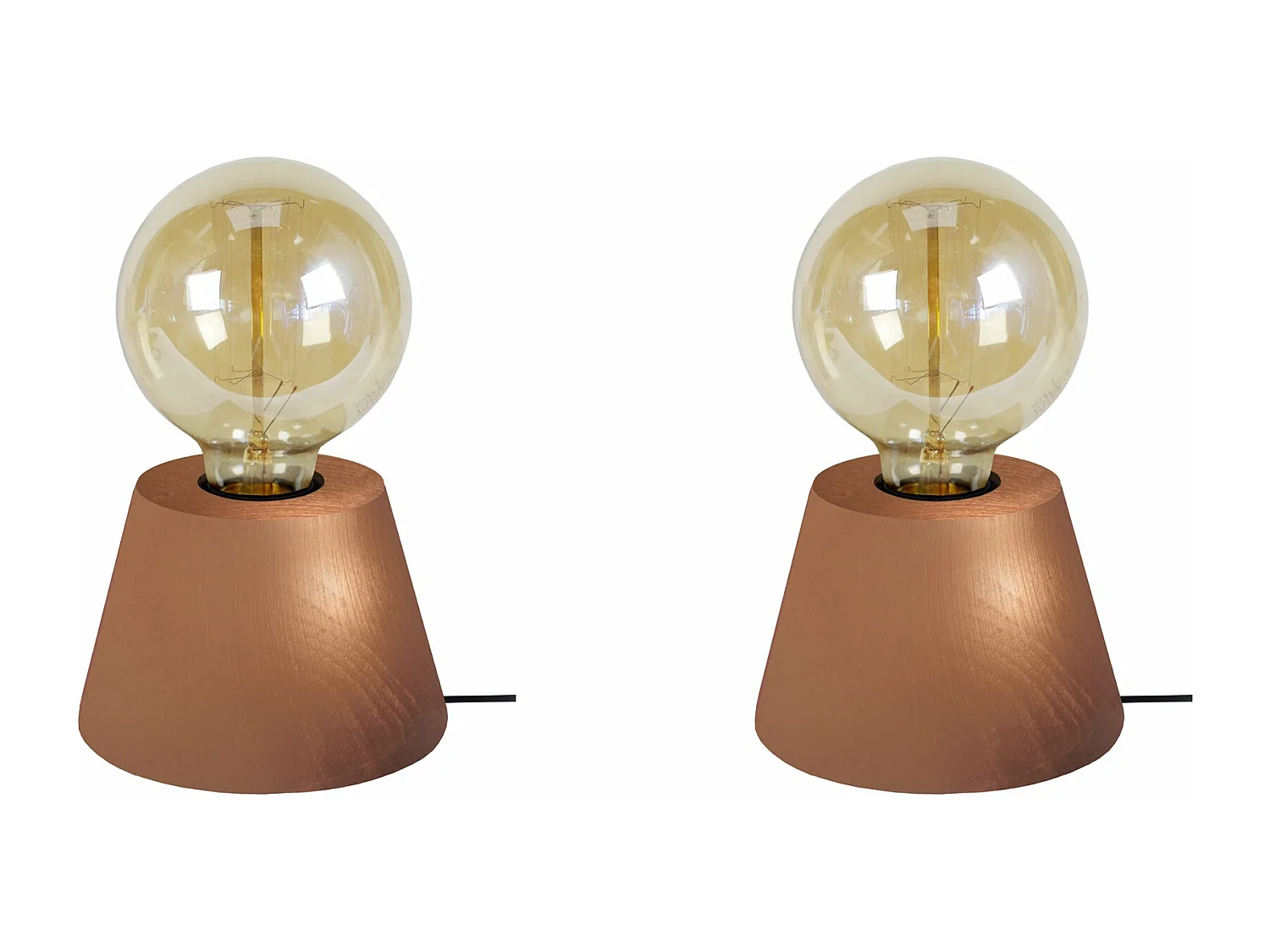 Pair de Lampes de chevet conique bois  cuivre 18,5 cm.