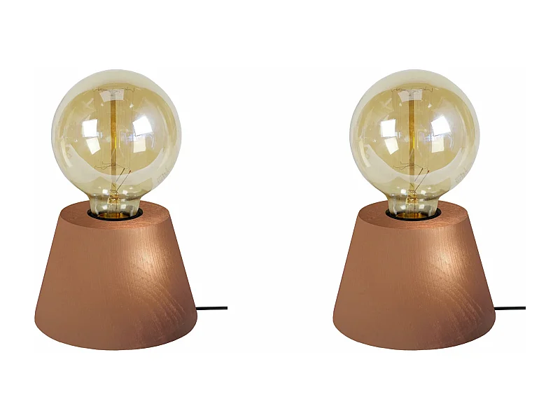 Pair de Lampes de chevet conique bois  cuivre 18,5 cm.