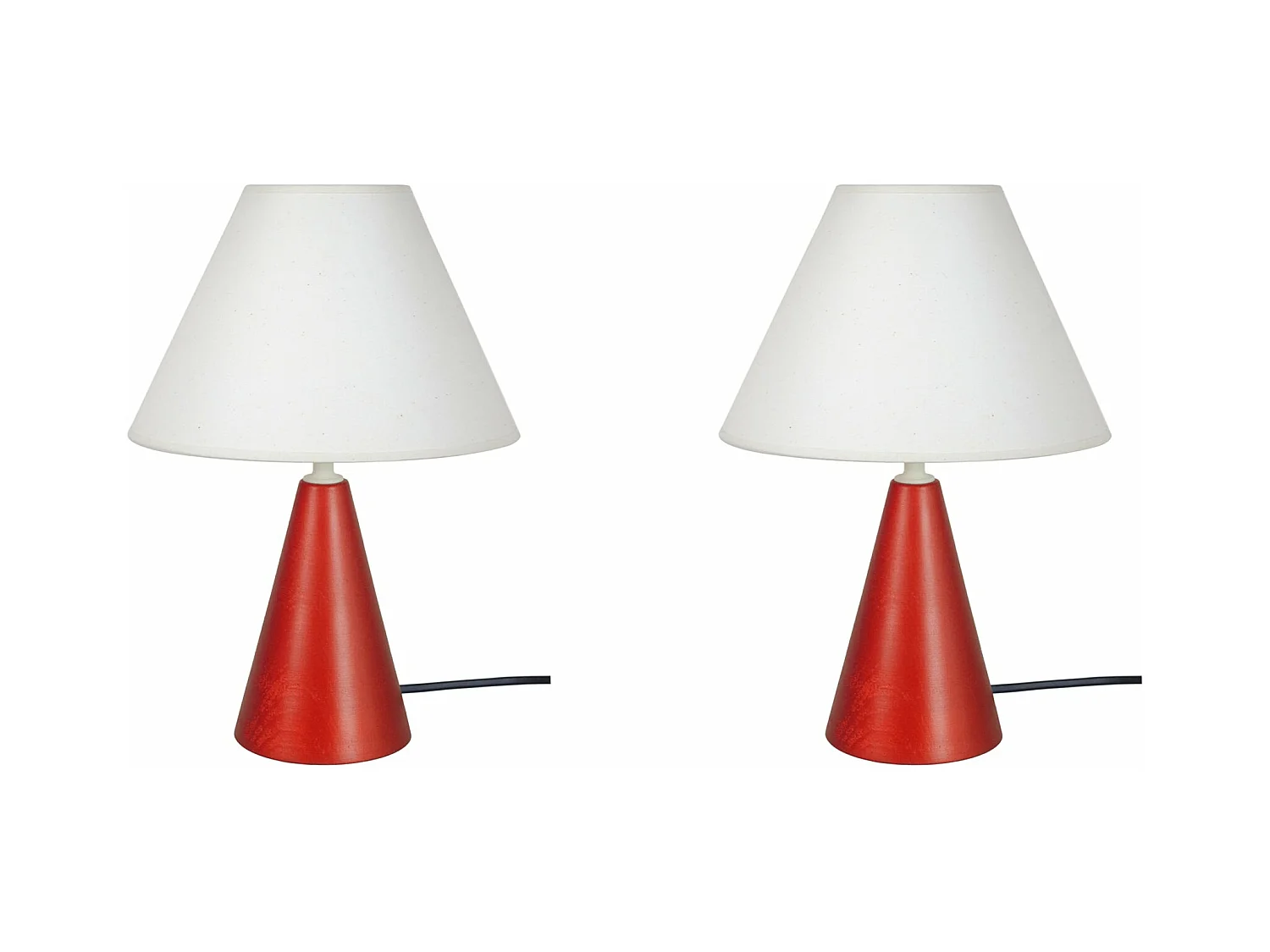 Pair de Lampes de chevet conique bois  rouge. 32 cm.
